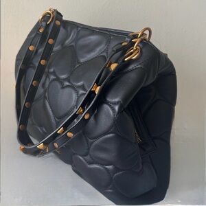Betsey Johnson Black Heart-Quilted Bag with Gold Studded Straps